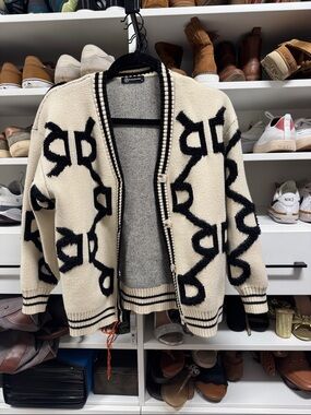 Chunky Cream & Black Patterned Cardigan Sweater